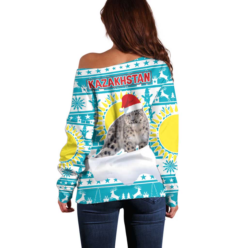 Kazakhstan Christmas Off Shoulder Sweater with Snow Leopard in Santa Hat Blue and Yellow Reindeer Snowflake - Wonder Print Shop