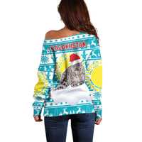 Kazakhstan Christmas Off Shoulder Sweater with Snow Leopard in Santa Hat Blue and Yellow Reindeer Snowflake - Wonder Print Shop