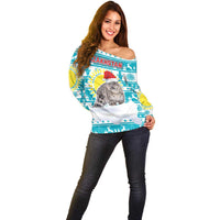 Kazakhstan Christmas Off Shoulder Sweater with Snow Leopard in Santa Hat Blue and Yellow Reindeer Snowflake - Wonder Print Shop