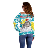 Kazakhstan Christmas Off Shoulder Sweater with Snow Leopard in Santa Hat Blue and Yellow Reindeer Snowflake - Wonder Print Shop