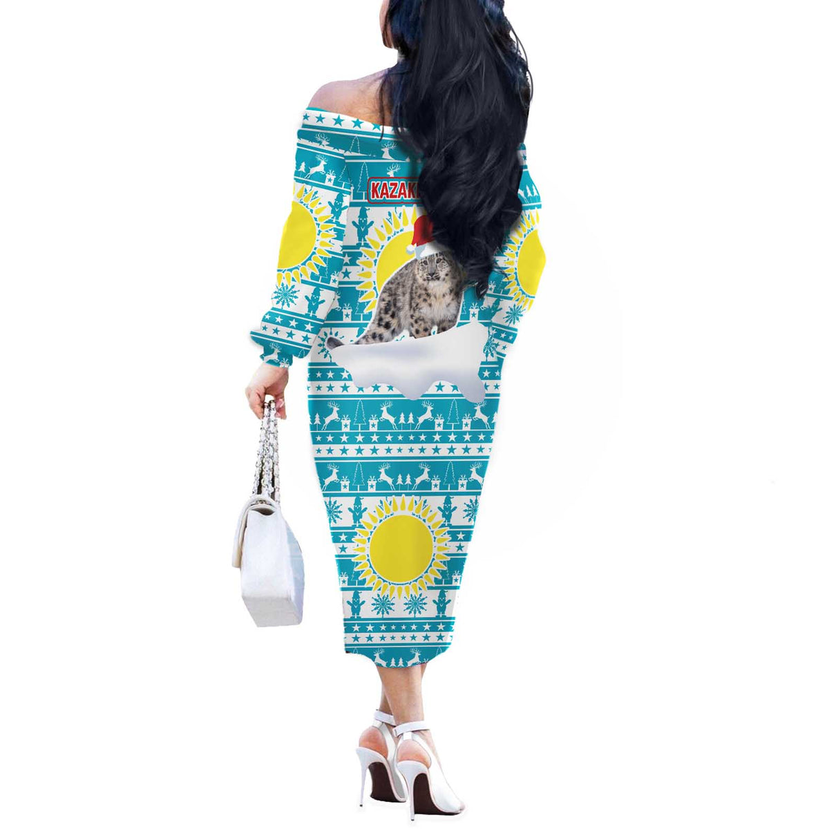 Kazakhstan Christmas Off The Shoulder Long Sleeve Dress with Snow Leopard in Santa Hat Blue and Yellow Reindeer Snowflake - Wonder Print Shop