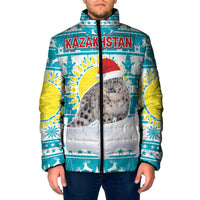 Kazakhstan Christmas Padded Jacket with Snow Leopard in Santa Hat Blue and Yellow Reindeer Snowflake - Wonder Print Shop