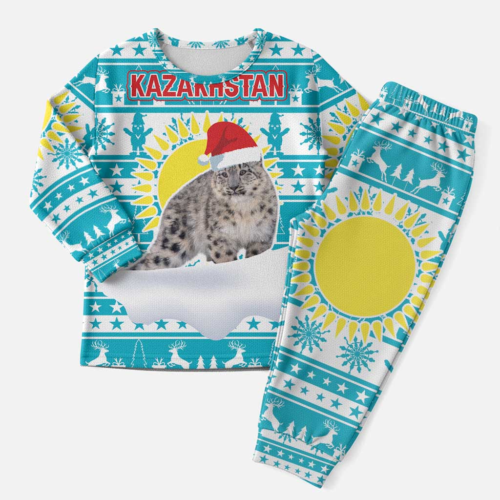 Kazakhstan Christmas Pajama Set with Snow Leopard in Santa Hat Blue and Yellow Reindeer Snowflake - Wonder Print Shop