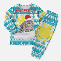 Kazakhstan Christmas Pajama Set with Snow Leopard in Santa Hat Blue and Yellow Reindeer Snowflake - Wonder Print Shop
