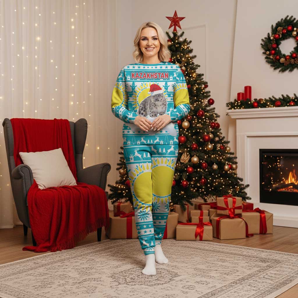 Kazakhstan Christmas Pajama Set with Snow Leopard in Santa Hat Blue and Yellow Reindeer Snowflake - Wonder Print Shop