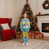 Kazakhstan Christmas Pajama Set with Snow Leopard in Santa Hat Blue and Yellow Reindeer Snowflake - Wonder Print Shop