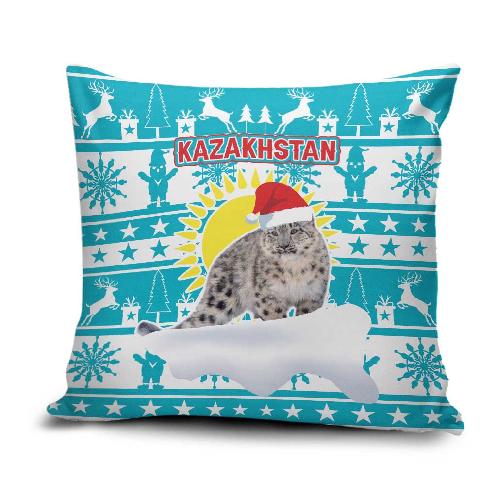 Kazakhstan Christmas Pillow Cover with Snow Leopard in Santa Hat Blue and Yellow Reindeer Snowflake - Wonder Print Shop