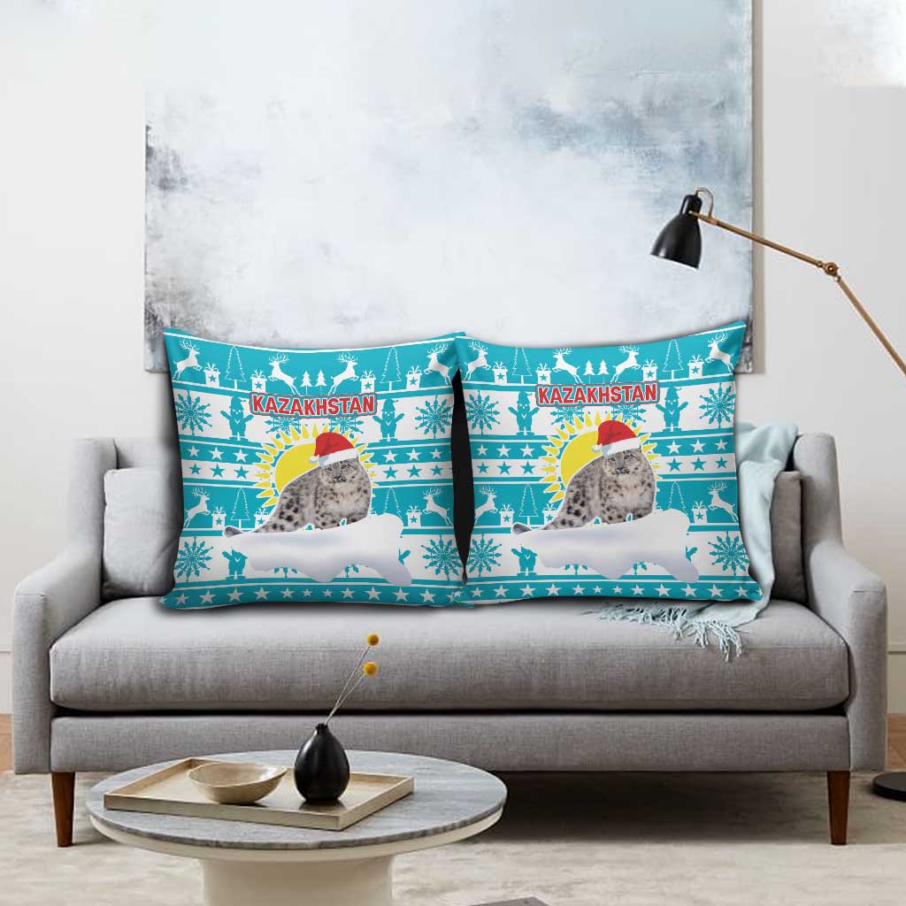 Kazakhstan Christmas Pillow Cover with Snow Leopard in Santa Hat Blue and Yellow Reindeer Snowflake - Wonder Print Shop