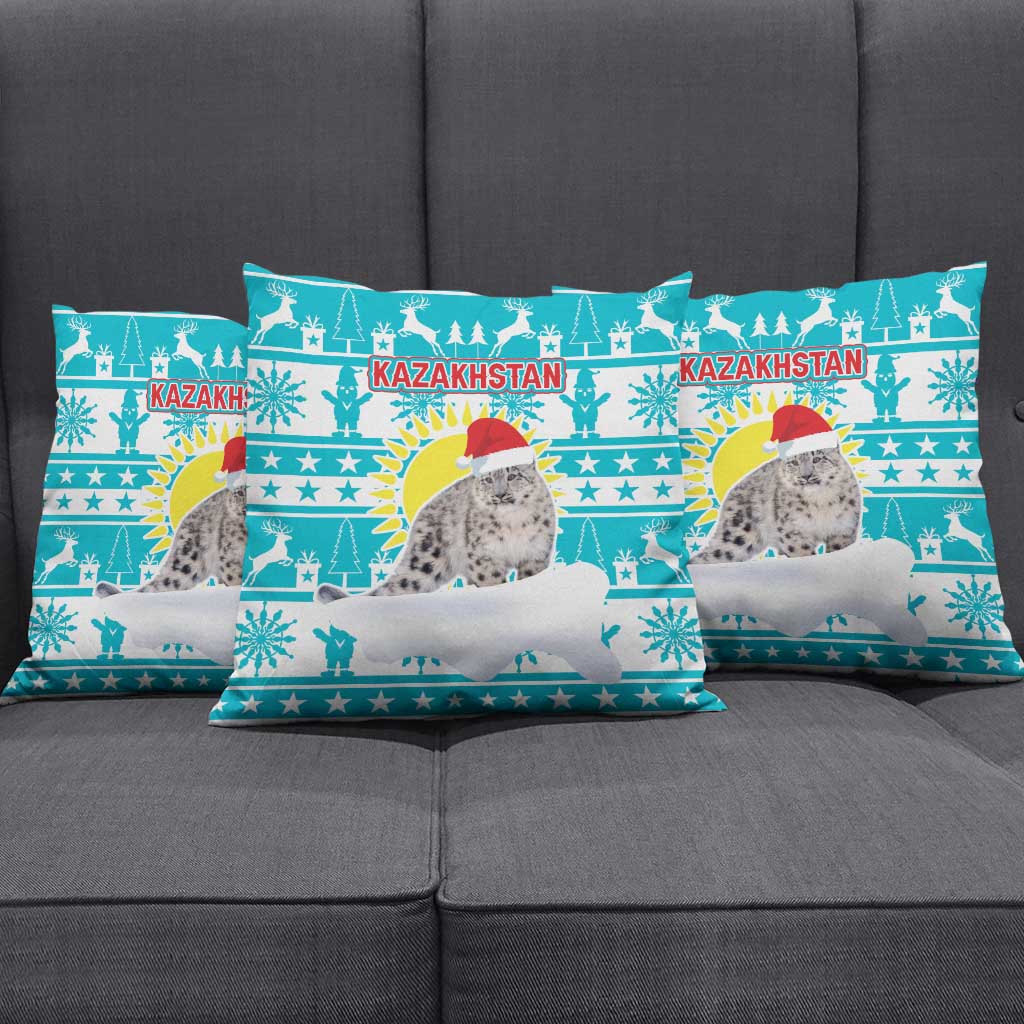 Kazakhstan Christmas Pillow Cover with Snow Leopard in Santa Hat Blue and Yellow Reindeer Snowflake - Wonder Print Shop