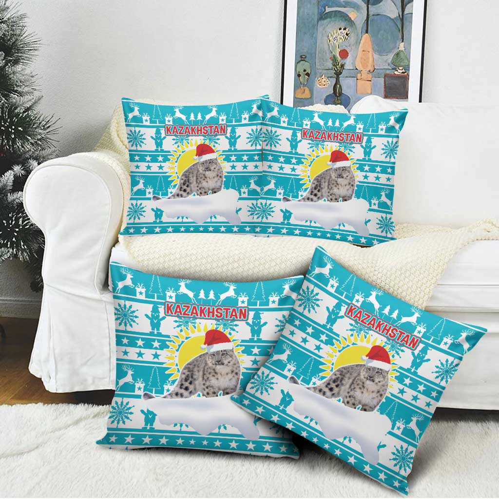 Kazakhstan Christmas Pillow Cover with Snow Leopard in Santa Hat Blue and Yellow Reindeer Snowflake - Wonder Print Shop