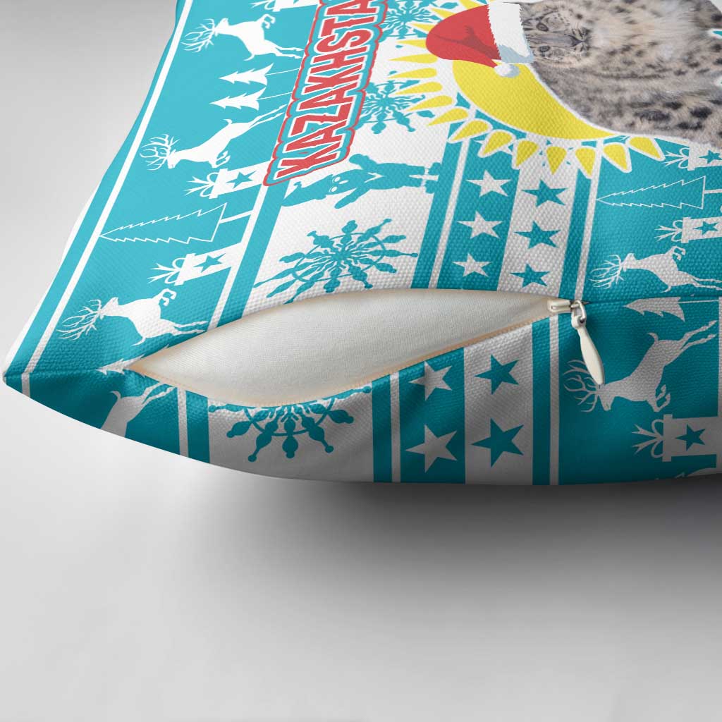 Kazakhstan Christmas Pillow Cover with Snow Leopard in Santa Hat Blue and Yellow Reindeer Snowflake - Wonder Print Shop