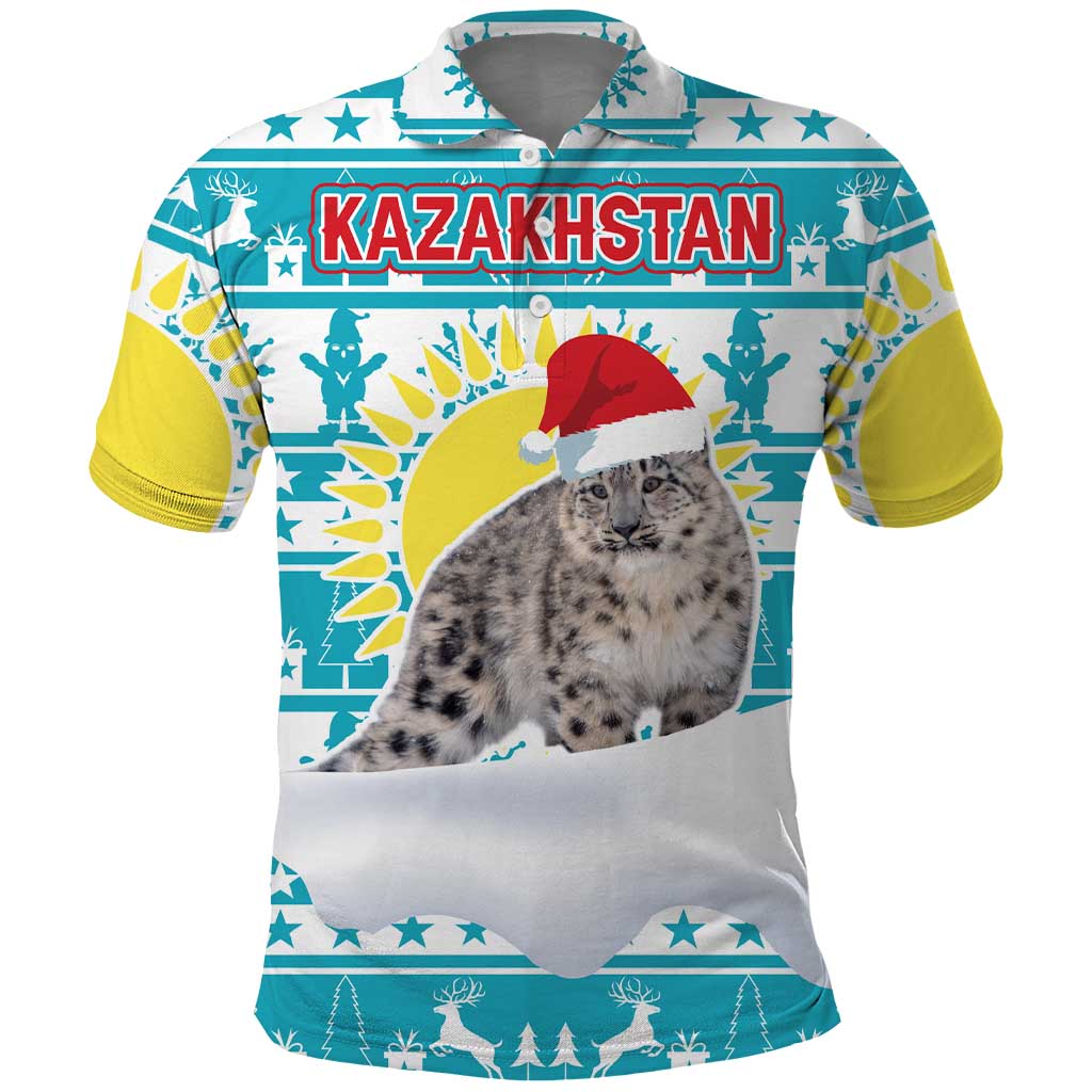 Kazakhstan Christmas Polo Shirt with Snow Leopard in Santa Hat Blue and Yellow Reindeer Snowflake - Wonder Print Shop