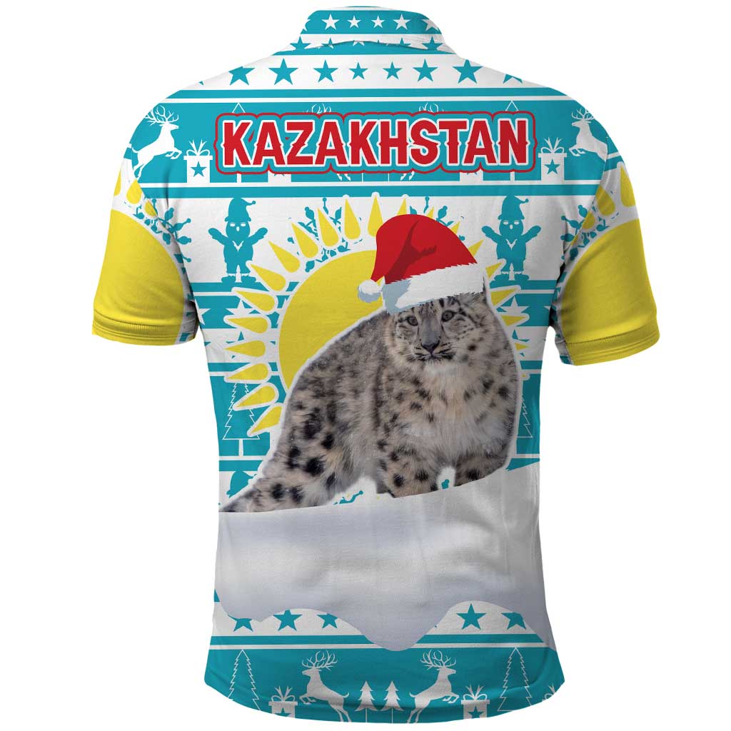 Kazakhstan Christmas Polo Shirt with Snow Leopard in Santa Hat Blue and Yellow Reindeer Snowflake - Wonder Print Shop