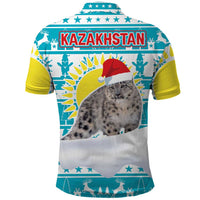 Kazakhstan Christmas Polo Shirt with Snow Leopard in Santa Hat Blue and Yellow Reindeer Snowflake - Wonder Print Shop