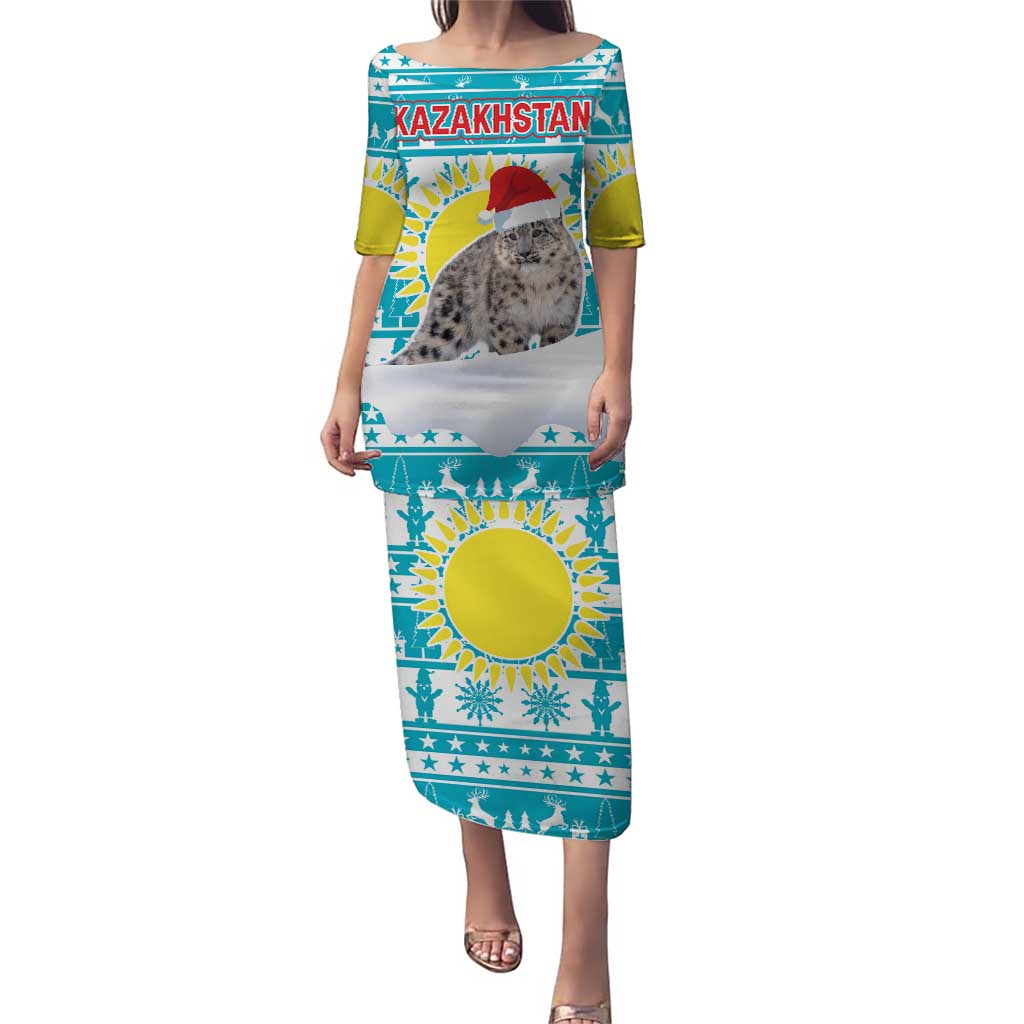 Kazakhstan Christmas Puletasi with Snow Leopard in Santa Hat Blue and Yellow Reindeer Snowflake - Wonder Print Shop