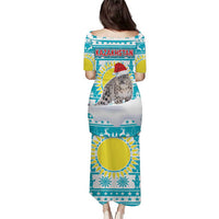 Kazakhstan Christmas Puletasi with Snow Leopard in Santa Hat Blue and Yellow Reindeer Snowflake - Wonder Print Shop