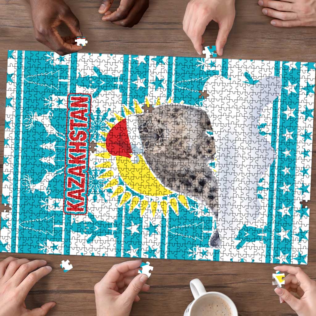 Kazakhstan Christmas Puzzle with Snow Leopard in Santa Hat Blue and Yellow Reindeer Snowflake - Wonder Print Shop