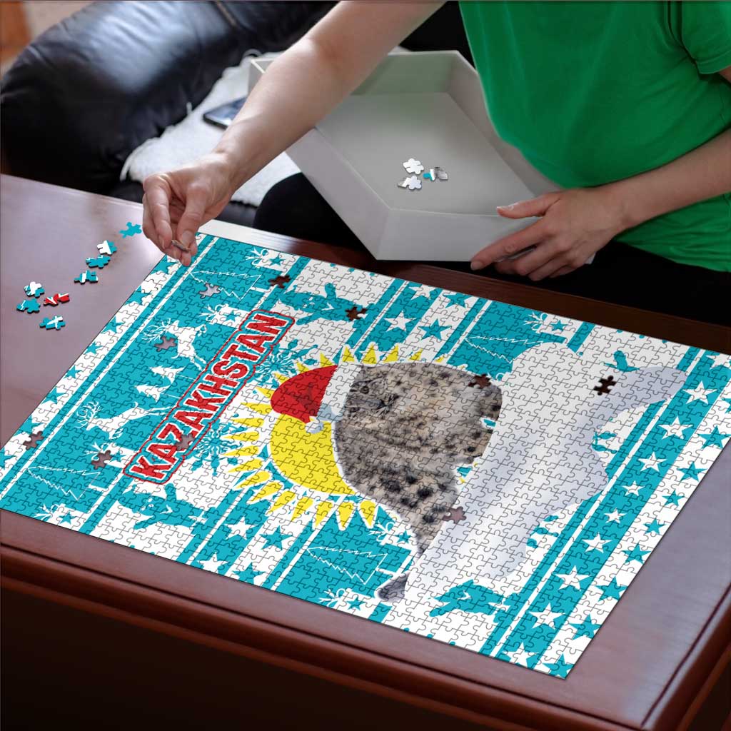 Kazakhstan Christmas Puzzle with Snow Leopard in Santa Hat Blue and Yellow Reindeer Snowflake - Wonder Print Shop