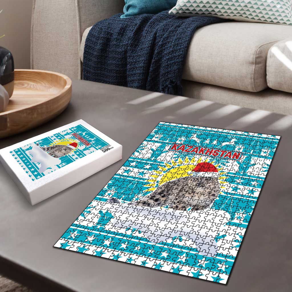 Kazakhstan Christmas Puzzle with Snow Leopard in Santa Hat Blue and Yellow Reindeer Snowflake - Wonder Print Shop
