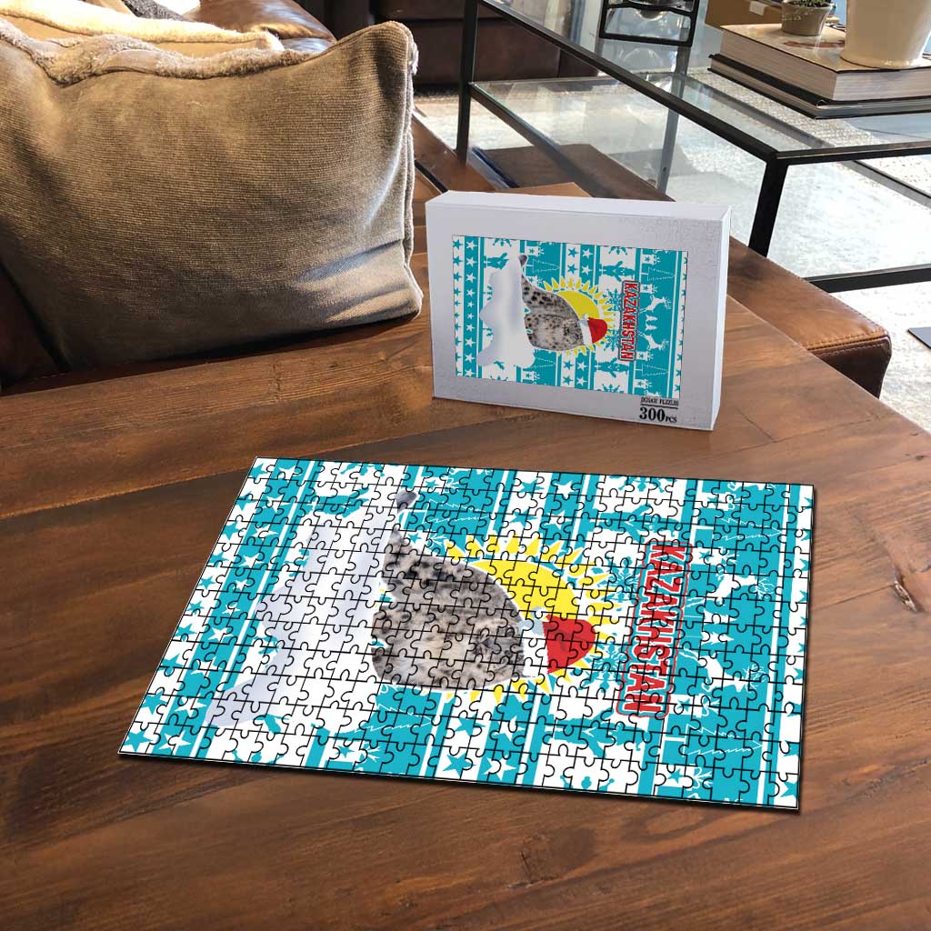 Kazakhstan Christmas Puzzle with Snow Leopard in Santa Hat Blue and Yellow Reindeer Snowflake - Wonder Print Shop
