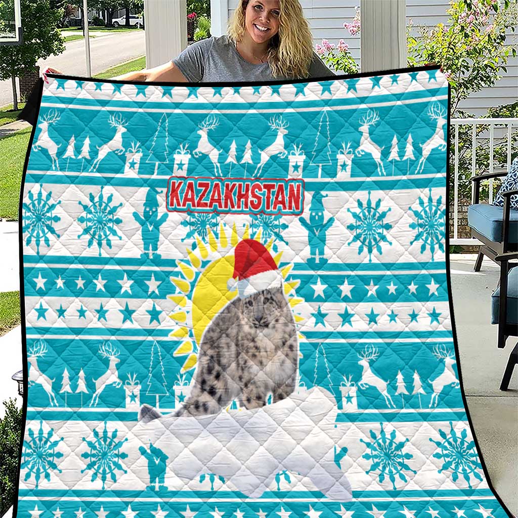 Kazakhstan Christmas Quilt with Snow Leopard in Santa Hat Blue and Yellow Reindeer Snowflake - Wonder Print Shop