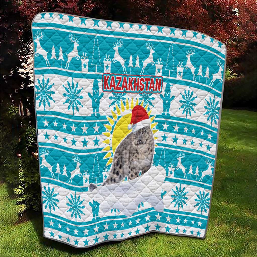 Kazakhstan Christmas Quilt with Snow Leopard in Santa Hat Blue and Yellow Reindeer Snowflake - Wonder Print Shop