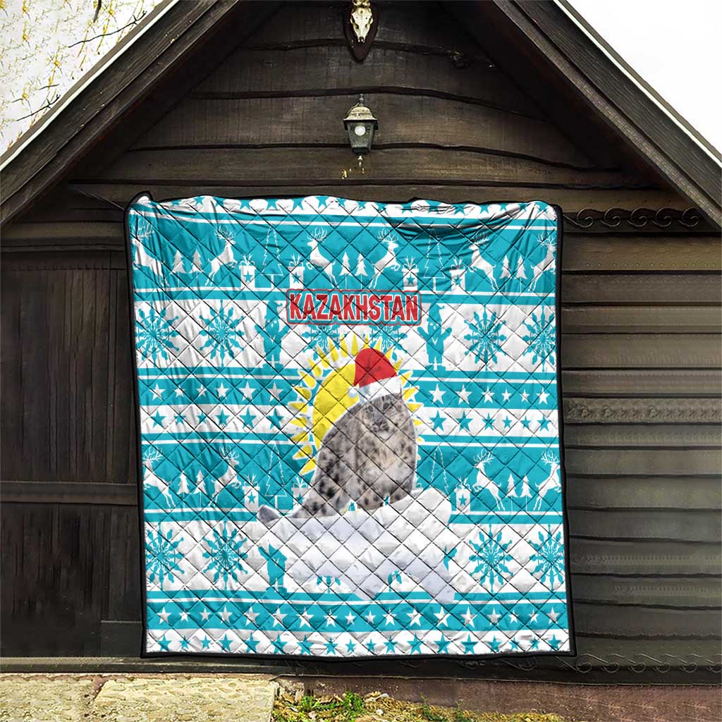 Kazakhstan Christmas Quilt with Snow Leopard in Santa Hat Blue and Yellow Reindeer Snowflake - Wonder Print Shop