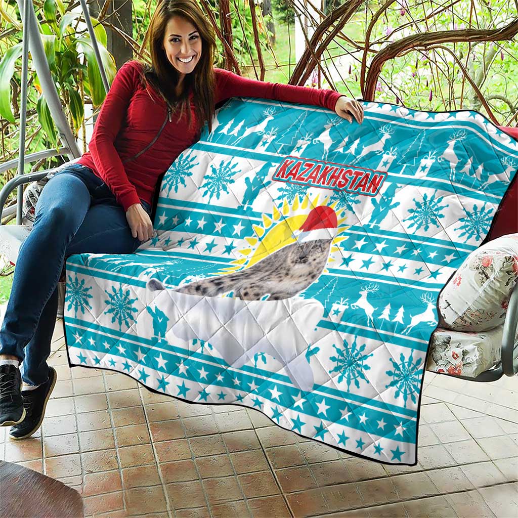 Kazakhstan Christmas Quilt with Snow Leopard in Santa Hat Blue and Yellow Reindeer Snowflake - Wonder Print Shop