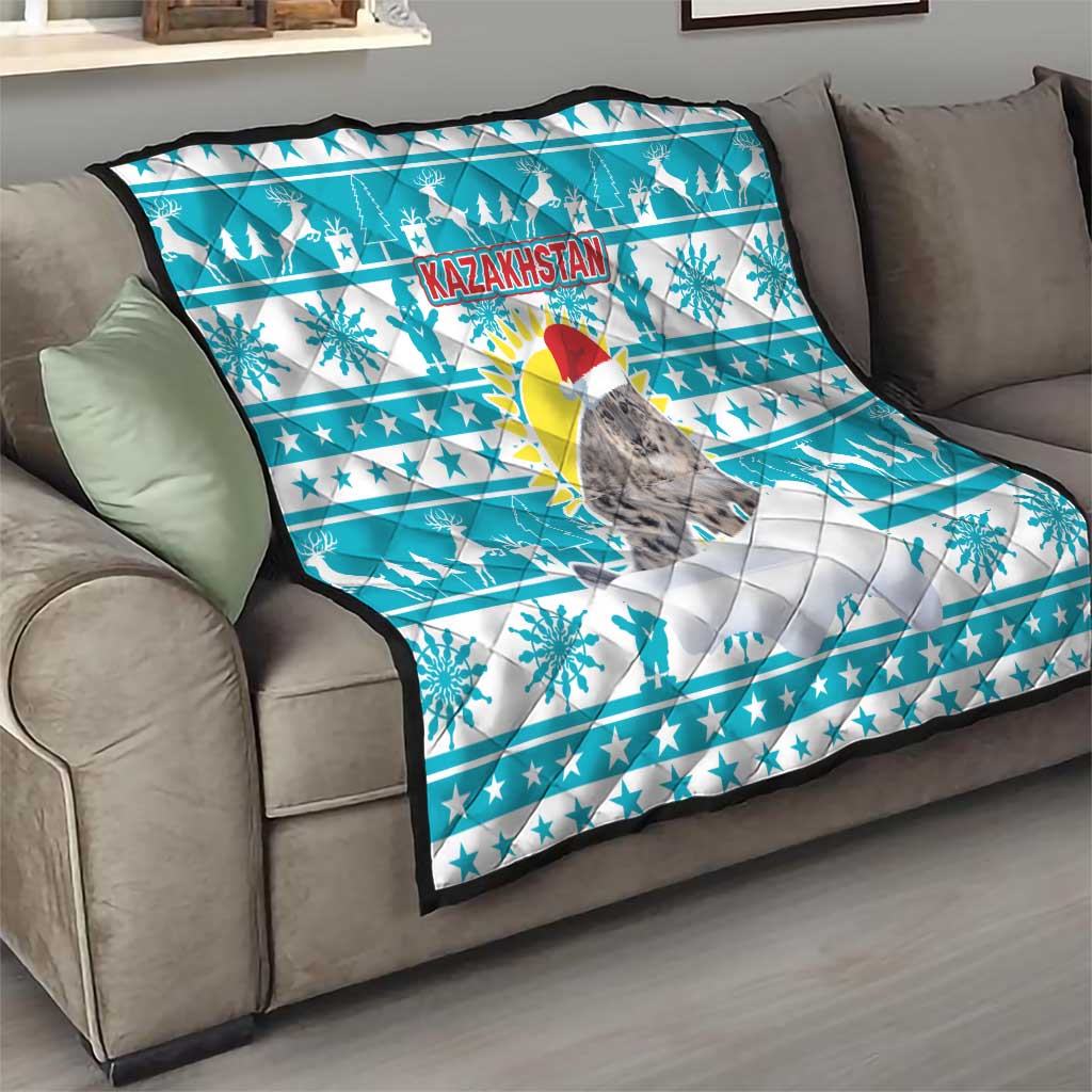 Kazakhstan Christmas Quilt with Snow Leopard in Santa Hat Blue and Yellow Reindeer Snowflake - Wonder Print Shop