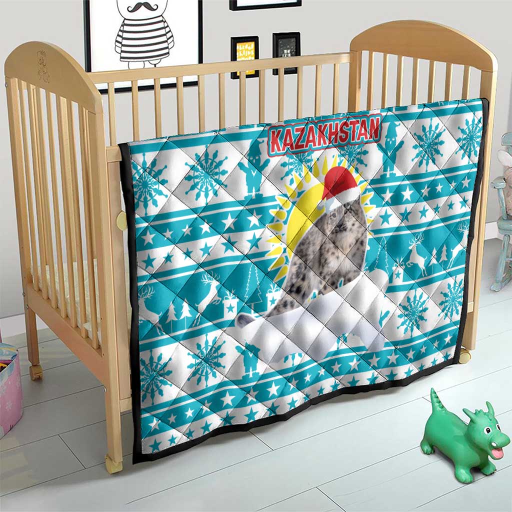 Kazakhstan Christmas Quilt with Snow Leopard in Santa Hat Blue and Yellow Reindeer Snowflake - Wonder Print Shop