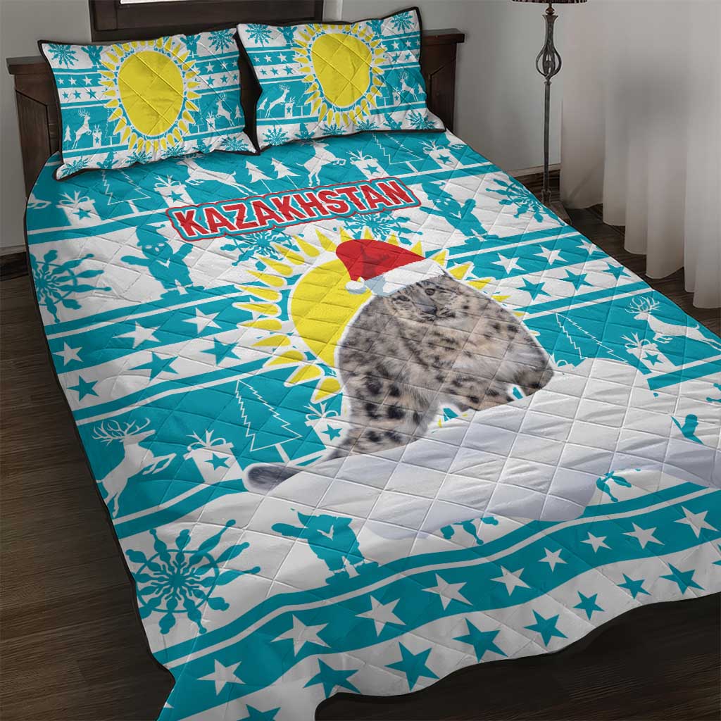 Kazakhstan Christmas Quilt Bed Set with Snow Leopard in Santa Hat Blue and Yellow Reindeer Snowflake - Wonder Print Shop