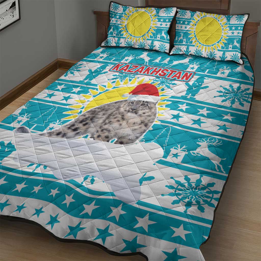 Kazakhstan Christmas Quilt Bed Set with Snow Leopard in Santa Hat Blue and Yellow Reindeer Snowflake - Wonder Print Shop