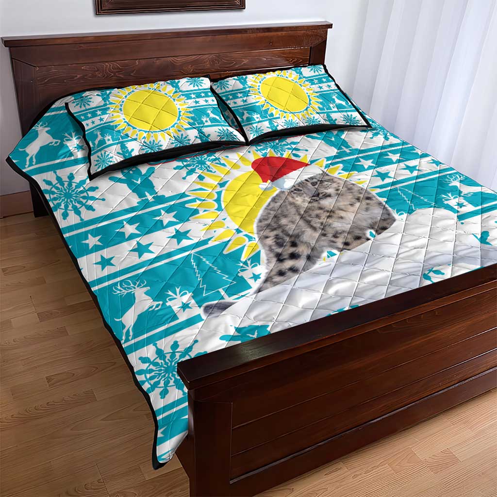 Kazakhstan Christmas Quilt Bed Set with Snow Leopard in Santa Hat Blue and Yellow Reindeer Snowflake - Wonder Print Shop