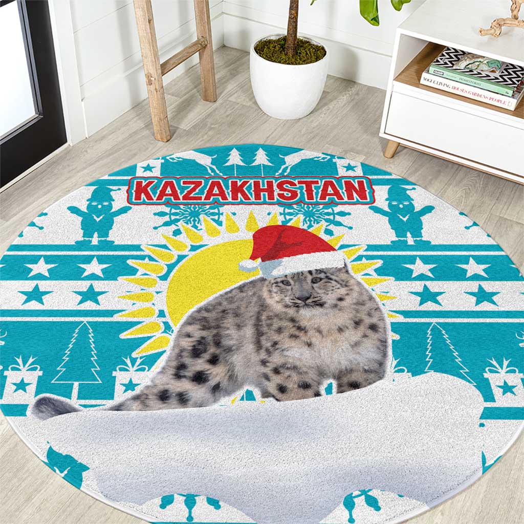 Kazakhstan Christmas Round Carpet with Snow Leopard in Santa Hat Blue and Yellow Reindeer Snowflake - Wonder Print Shop