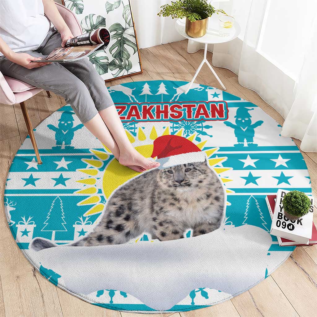 Kazakhstan Christmas Round Carpet with Snow Leopard in Santa Hat Blue and Yellow Reindeer Snowflake - Wonder Print Shop