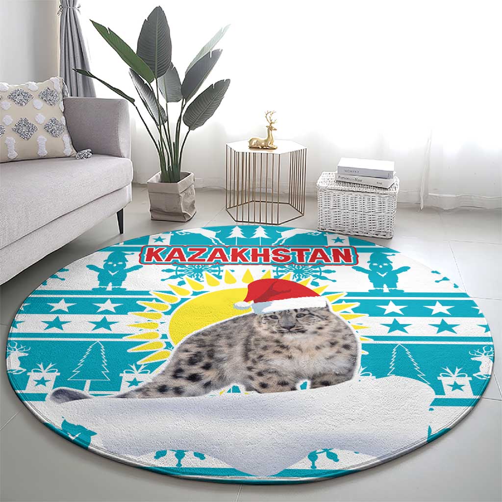 Kazakhstan Christmas Round Carpet with Snow Leopard in Santa Hat Blue and Yellow Reindeer Snowflake - Wonder Print Shop