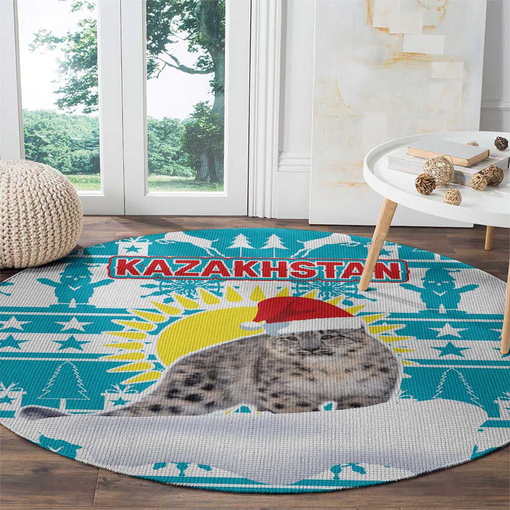 Kazakhstan Christmas Round Carpet with Snow Leopard in Santa Hat Blue and Yellow Reindeer Snowflake - Wonder Print Shop