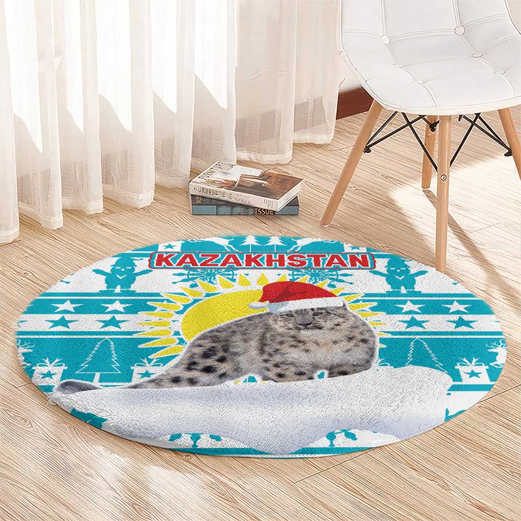Kazakhstan Christmas Round Carpet with Snow Leopard in Santa Hat Blue and Yellow Reindeer Snowflake - Wonder Print Shop