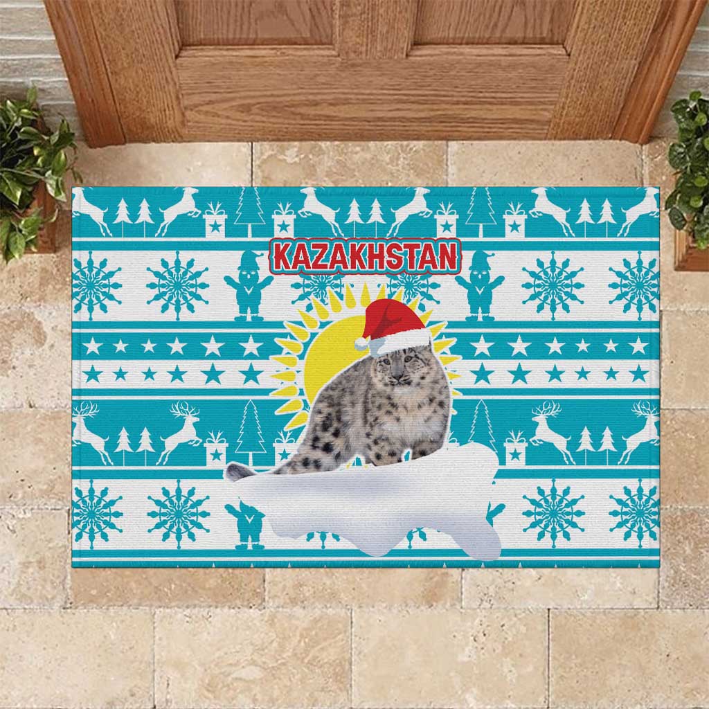 Kazakhstan Christmas Rubber Doormat with Snow Leopard in Santa Hat Blue and Yellow Reindeer Snowflake - Wonder Print Shop
