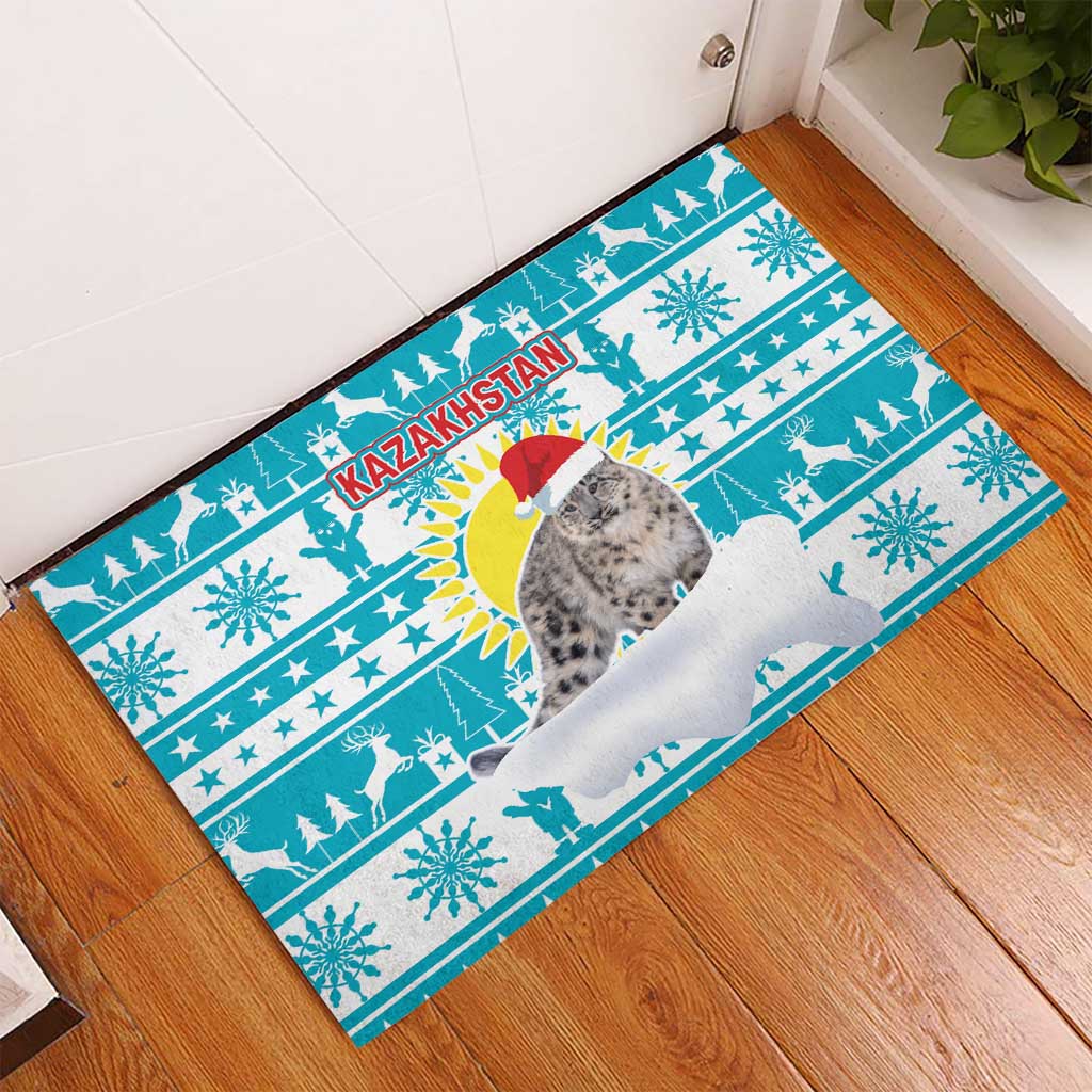Kazakhstan Christmas Rubber Doormat with Snow Leopard in Santa Hat Blue and Yellow Reindeer Snowflake - Wonder Print Shop