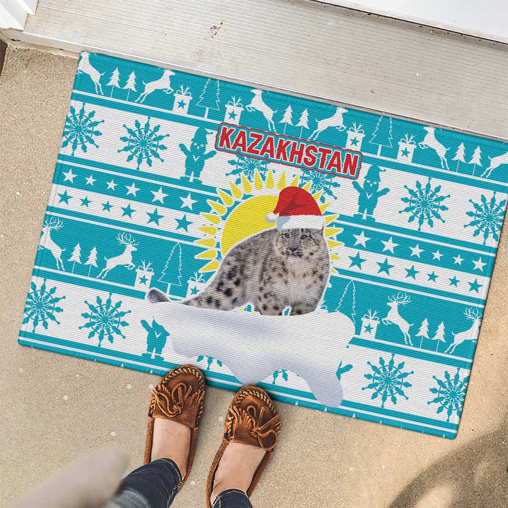 Kazakhstan Christmas Rubber Doormat with Snow Leopard in Santa Hat Blue and Yellow Reindeer Snowflake - Wonder Print Shop