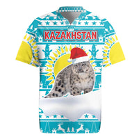 Kazakhstan Christmas Rugby Jersey with Snow Leopard in Santa Hat Blue and Yellow Reindeer Snowflake - Wonder Print Shop
