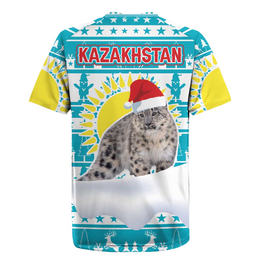 Kazakhstan Christmas Rugby Jersey with Snow Leopard in Santa Hat Blue and Yellow Reindeer Snowflake - Wonder Print Shop