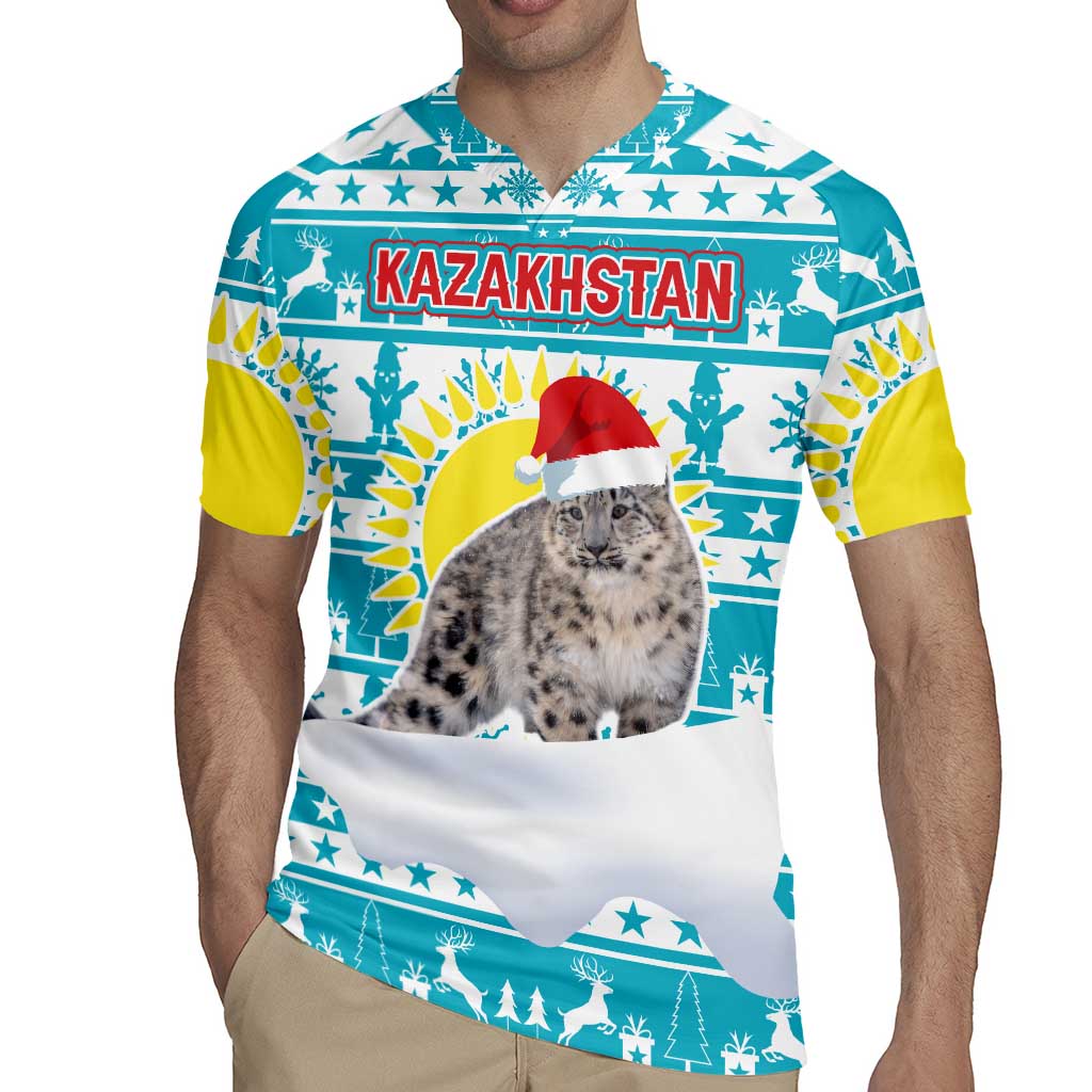 Kazakhstan Christmas Rugby Jersey with Snow Leopard in Santa Hat Blue and Yellow Reindeer Snowflake - Wonder Print Shop