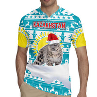 Kazakhstan Christmas Rugby Jersey with Snow Leopard in Santa Hat Blue and Yellow Reindeer Snowflake - Wonder Print Shop