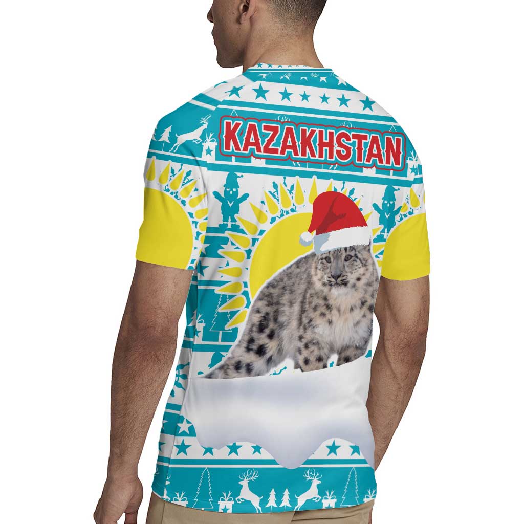 Kazakhstan Christmas Rugby Jersey with Snow Leopard in Santa Hat Blue and Yellow Reindeer Snowflake - Wonder Print Shop