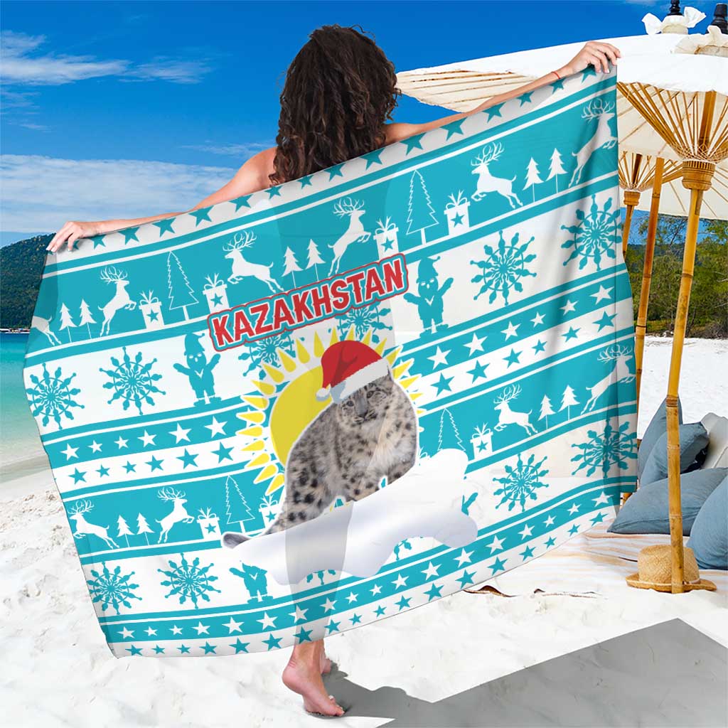 Kazakhstan Christmas Sarong with Snow Leopard in Santa Hat Blue and Yellow Reindeer Snowflake - Wonder Print Shop