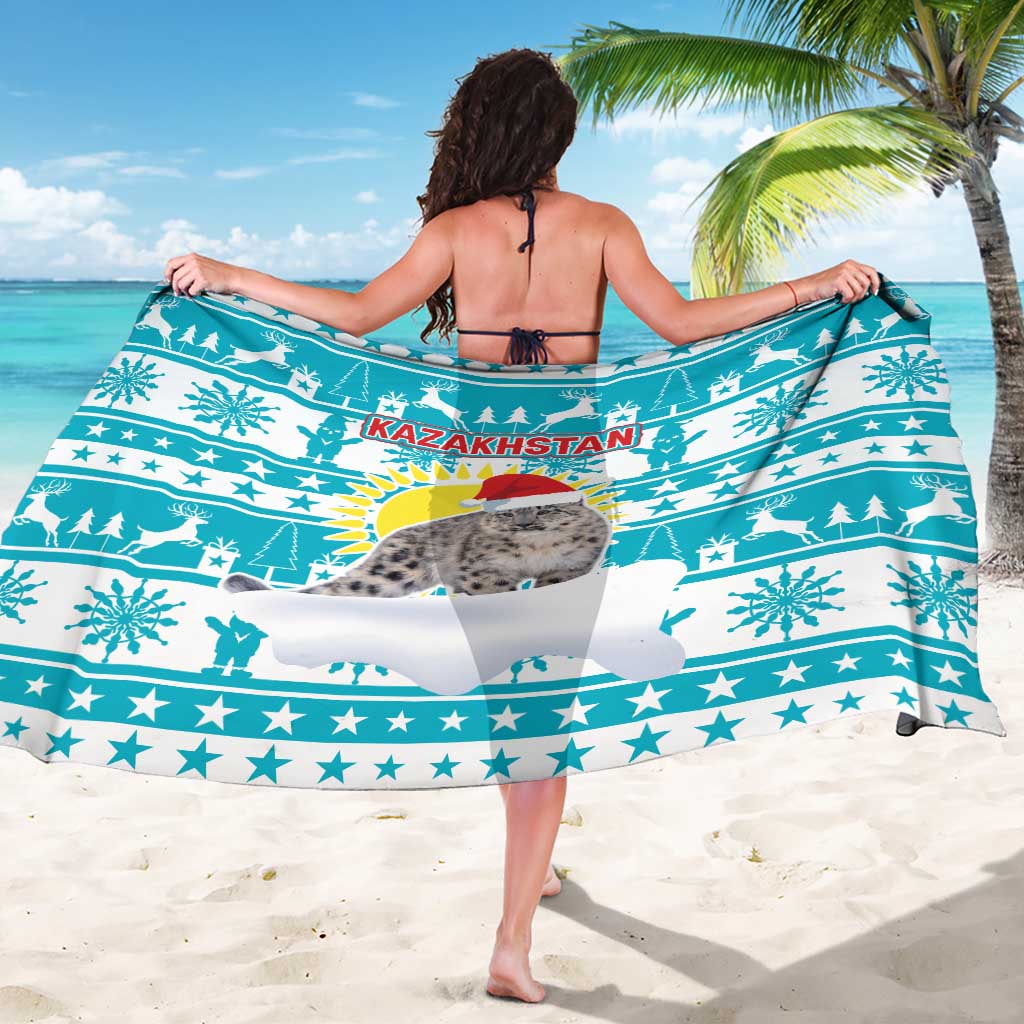 Kazakhstan Christmas Sarong with Snow Leopard in Santa Hat Blue and Yellow Reindeer Snowflake - Wonder Print Shop