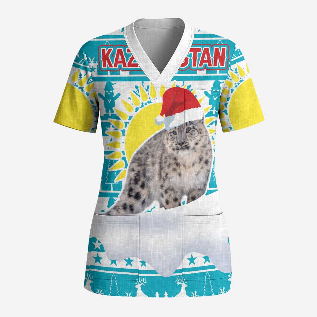 Kazakhstan Christmas Scrub Top with Snow Leopard in Santa Hat Blue and Yellow Reindeer Snowflake - Wonder Print Shop