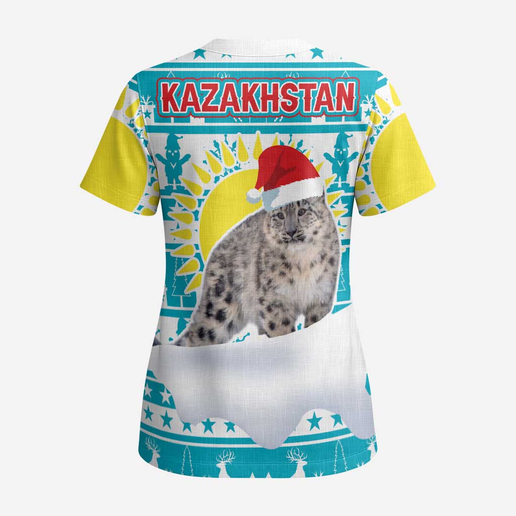 Kazakhstan Christmas Scrub Top with Snow Leopard in Santa Hat Blue and Yellow Reindeer Snowflake - Wonder Print Shop